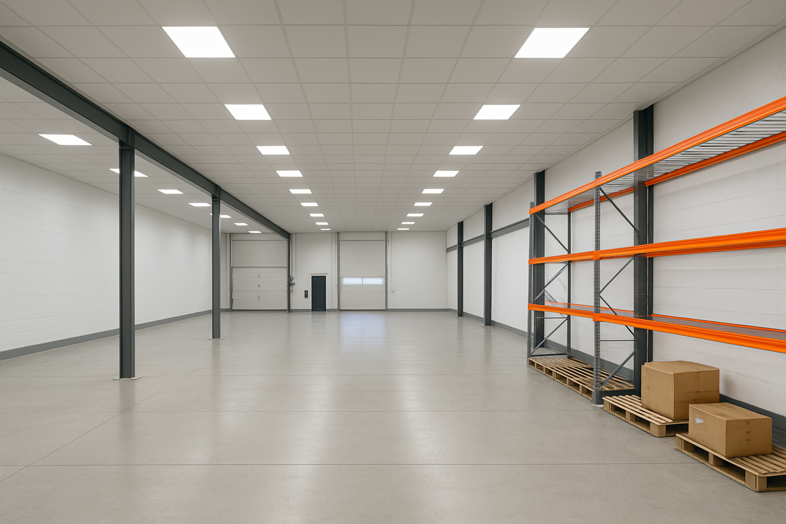 Entrepôt avec un éclairage LED blanc et lumineux après l'installation par LumiCaraïbes